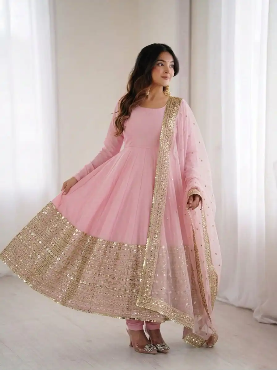 ZSR 3152 Pink Color Roman silk Gown with Embroidery Work & Lace Work. Grab it for ₹2599. Delivery 4-6 Working Days. Shop now. | Gowns, Bollywood Gowns, Creative Gowns, Designer Gowns, Embroidered Gowns, Party Wear Gowns