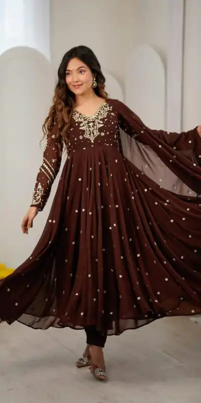 JF 056 Brown Faux Georgette Salwar Suit with Mirror Work & Embroidery Work. Get it for ₹2349. Delivery 4-6 Working Days. Shop now. | Jump Suits, Salwar suit, Casual Suits, Creative suits, Designer Suits, Palazzo Suits, Party Wear Suits, Patiala Suits, Straight Suits