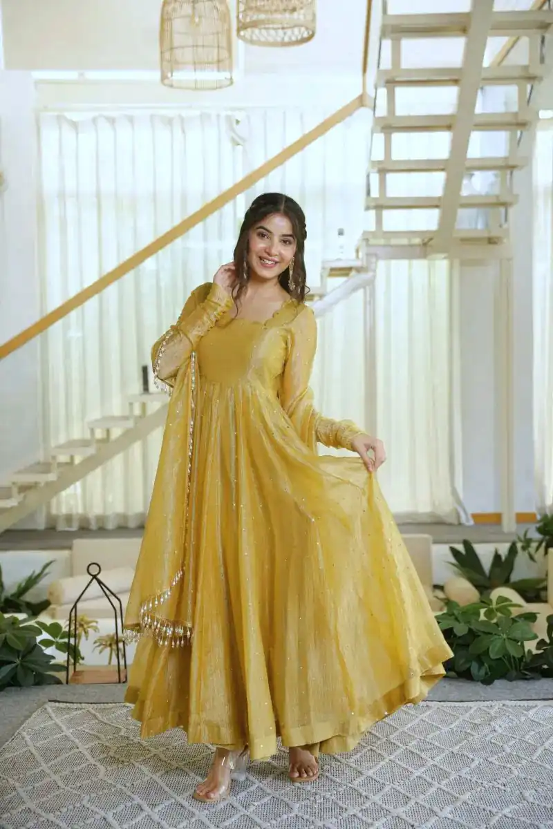KD 1641 Gold in Salsa Silk Embroidery Work & Sequins Work Gown . Get it for ₹2899. Delivery 4-6 Working Days. Online Shop now. | Gowns, Bollywood Gowns, Creative Gowns, Designer Gowns, Embroidered Gowns, Party Wear Gowns