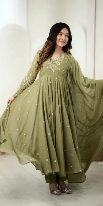 JF 056 Sage Green Faux Georgette Salwar Suit with Mirror Work & Embroidery Work. Get it for ₹2349. Delivery 4-6 Working Days. Shop now. | Jump Suits, Salwar suit, Casual Suits, Creative suits, Designer Suits, Palazzo Suits, Party Wear Suits, Patiala Suits, Straight Suits