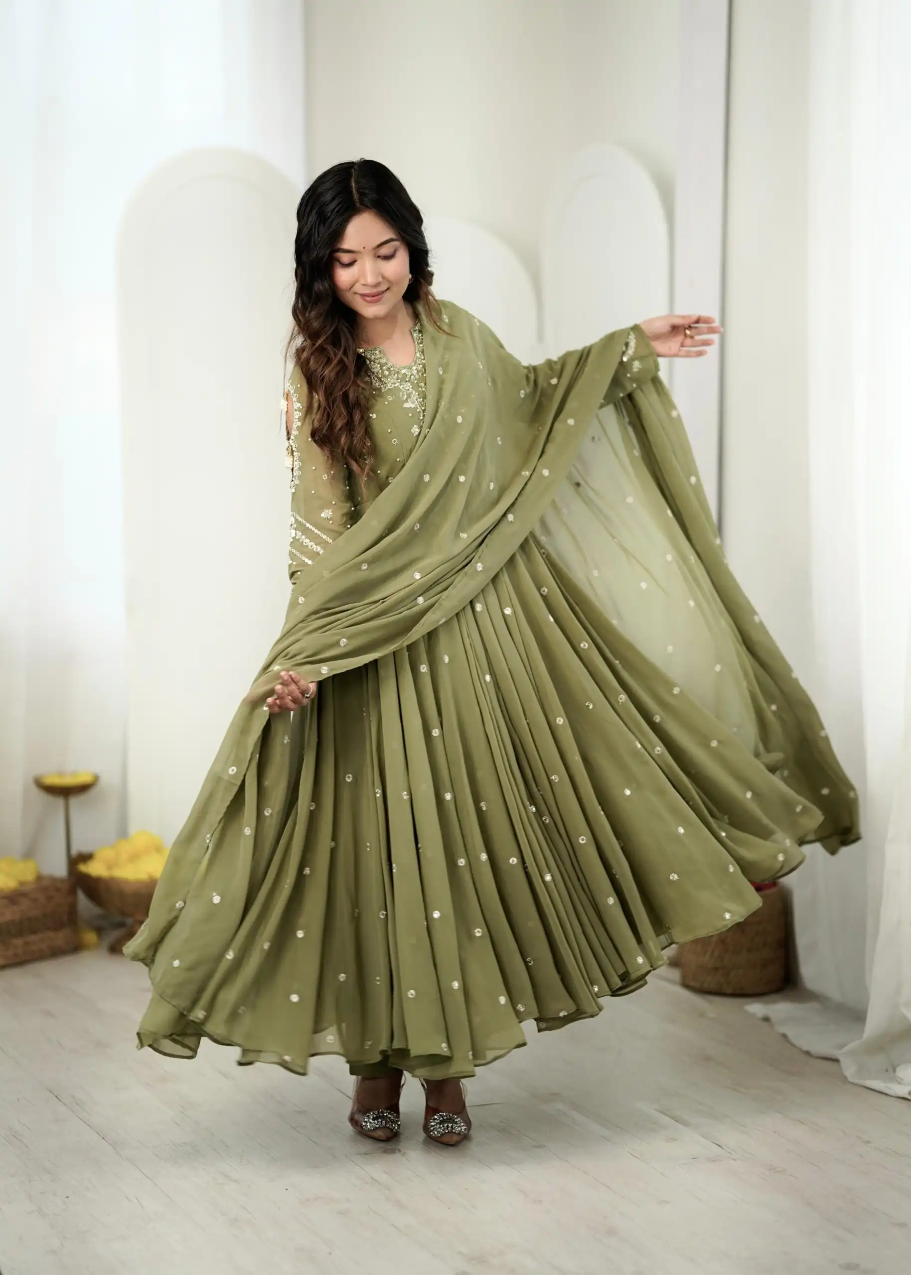 JF 056 Sage Green Faux Georgette Salwar Suit with Mirror Work & Embroidery Work. Get it for ₹2349. Delivery 4-6 Working Days. Shop now. | Jump Suits, Salwar suit, Casual Suits, Creative suits, Designer Suits, Palazzo Suits, Party Wear Suits, Patiala Suits, Straight Suits
