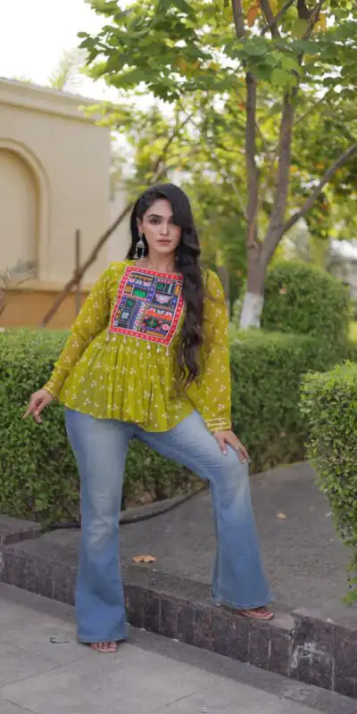 KA 5079 Mehandi Fox Georgette Kurti with Lace Work & Mirror Work. Affordable Price ₹2719. Delivery 4-6 Working Days. Shop now. | Kurti, Bollywood Kurti, Creative Kurtis, Designer Kurti, Party Wear Kurti, Selfie Kurti