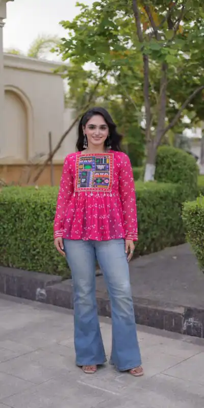 KA 5079 Pink Fox Georgette Kurti with Lace Work & Mirror Work. Affordable Price ₹2719. Delivery 4-6 Working Days. Shop now. | Kurti, Bollywood Kurti, Creative Kurtis, Designer Kurti, Party Wear Kurti, Selfie Kurti