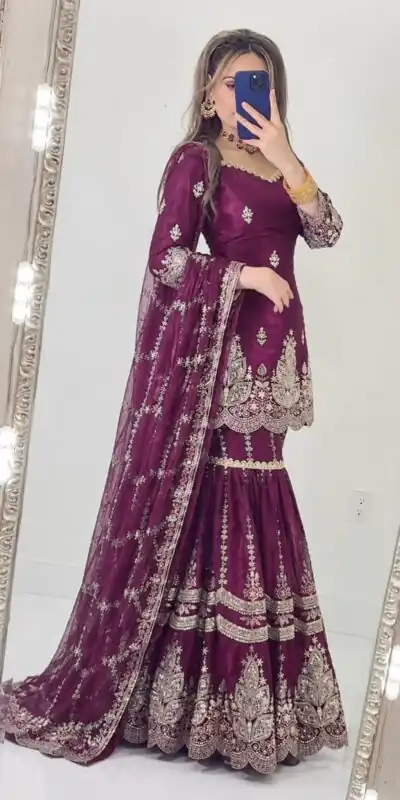 NF 1297 Wine Fendy Silk Salwar Suitwith Embroidery Work & Lace Work. Now at just ₹2799. Delivery 4-6 Working Days. Shop now. | Jump Suits, Salwar suit, Casual Suits, Creative suits, Designer Suits, Palazzo Suits, Party Wear Suits, Patiala Suits, Straight Suits