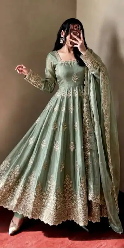 NSR 918 Pista Fendy Silk Gown with Embroidery Work & Sequins Work. Special Price ₹2399. Delivery 4-6 Working Days. Shop now. | Gowns, Bollywood Gowns, Creative Gowns, Designer Gowns, Embroidered Gowns, Party Wear Gowns