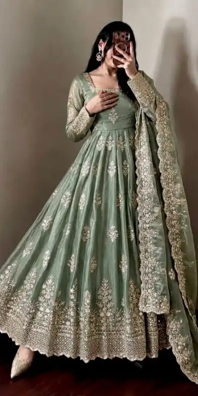 NSR 918 Pista Fendy Silk Gown with Embroidery Work & Sequins Work. Special Price ₹2399. Delivery 4-6 Working Days. Shop now. | Gowns, Bollywood Gowns, Creative Gowns, Designer Gowns, Embroidered Gowns, Party Wear Gowns