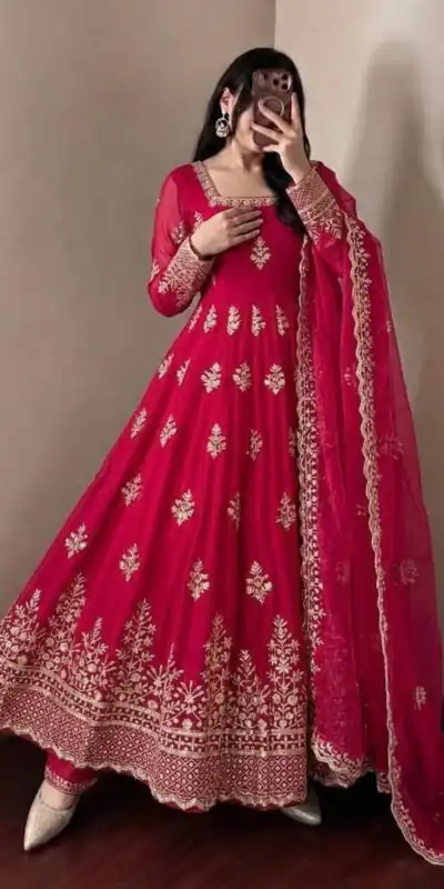 NSR 918 Red Fendy Silk Gown with Embroidery Work & Sequins Work. Special Price ₹2399. Delivery 4-6 Working Days. Shop now. | Gowns, Bollywood Gowns, Creative Gowns, Designer Gowns, Embroidered Gowns, Party Wear Gowns