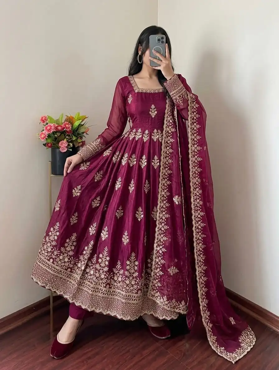 NSR 918 Wine Fendy Silk Gown with Embroidery Work & Sequins Work. Special Price ₹2399. Delivery 4-6 Working Days. Shop now. | Gowns, Bollywood Gowns, Creative Gowns, Designer Gowns, Embroidered Gowns, Party Wear Gowns
