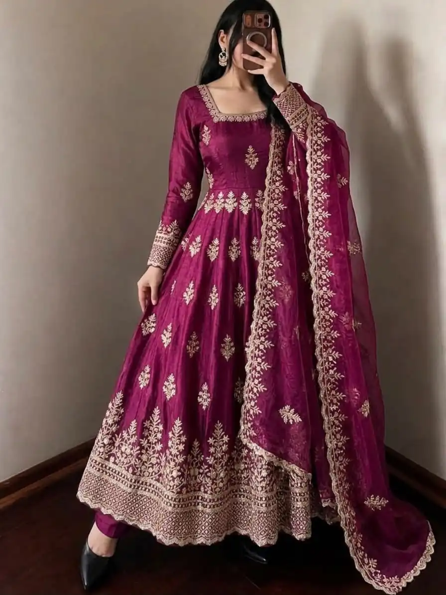 NSR 918 Wine Fendy Silk Gown with Embroidery Work & Sequins Work. Special Price ₹2399. Delivery 4-6 Working Days. Shop now. | Gowns, Bollywood Gowns, Creative Gowns, Designer Gowns, Embroidered Gowns, Party Wear Gowns