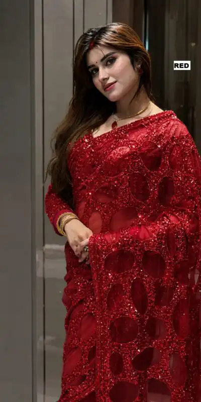 DF 3489 Red Butterfly Net Saree Sequence with Work & Zari Work. Introductory Price ₹2099. Delivery 4-6 Working Days. Shop now. | Designer Sarees, Modern Digital sarees, Sarees, Bollywood Sarees, Creative Sarees, Embroidered Sarees, Ethnic Saree, Party Wear Sarees