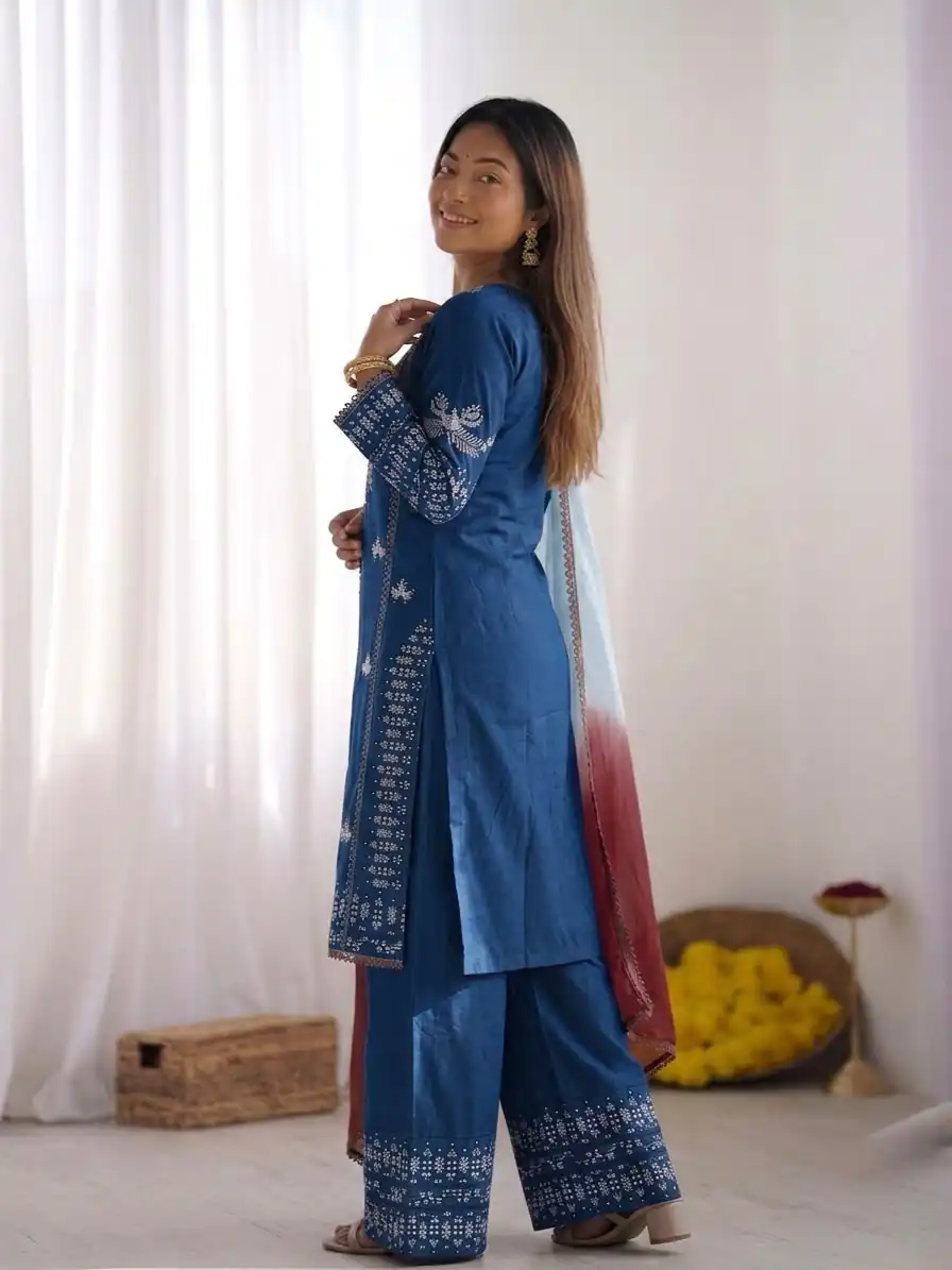 Aglow Blue Rayon Cotton Embroidery Work Salwar Suit - Image 4