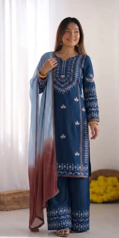 Alternative view of Aglow Blue Rayon Cotton Embroidery Work Salwar Suit