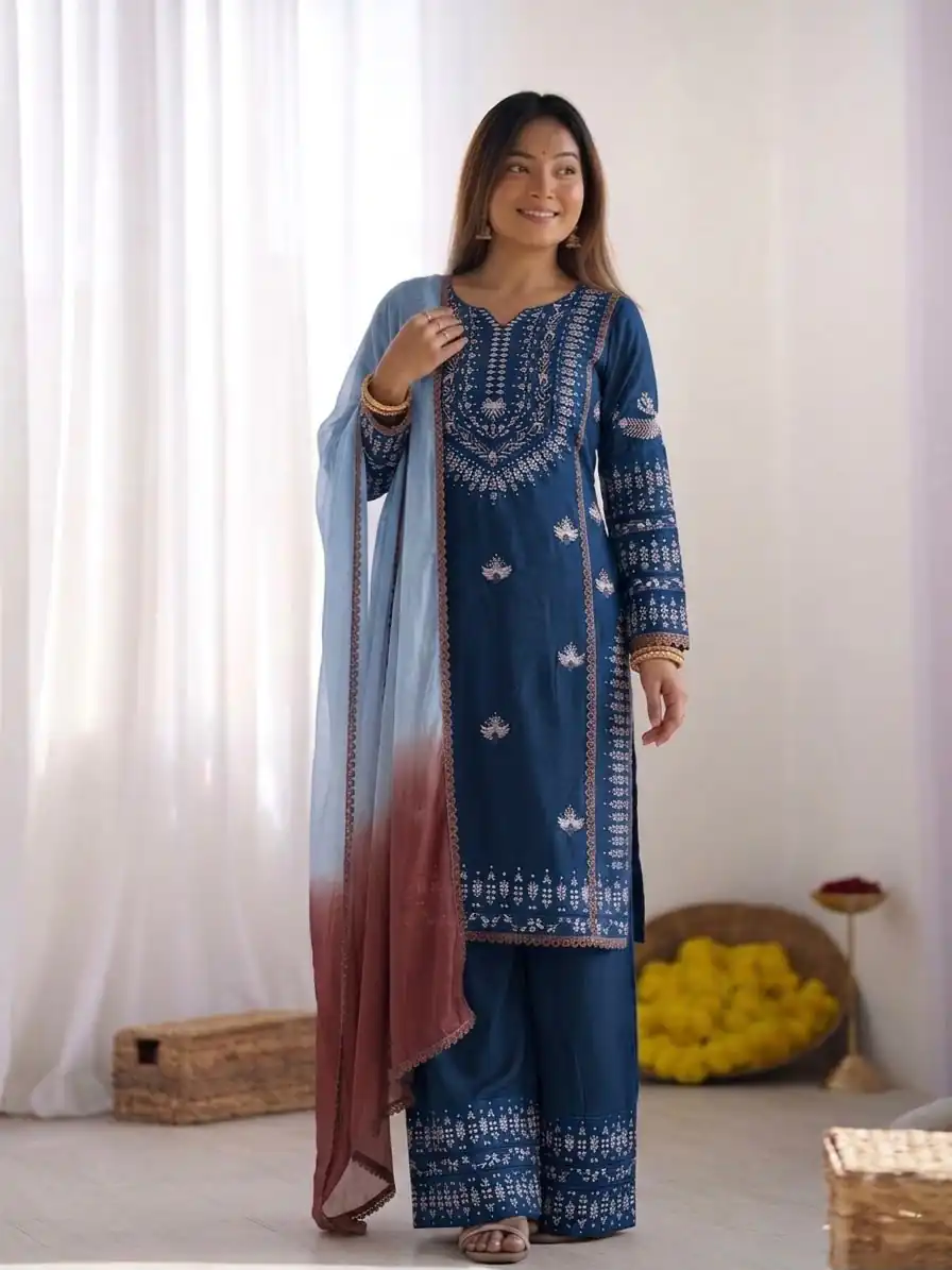 Aglow Blue Rayon Cotton Embroidery Work Salwar Suit - Image 2