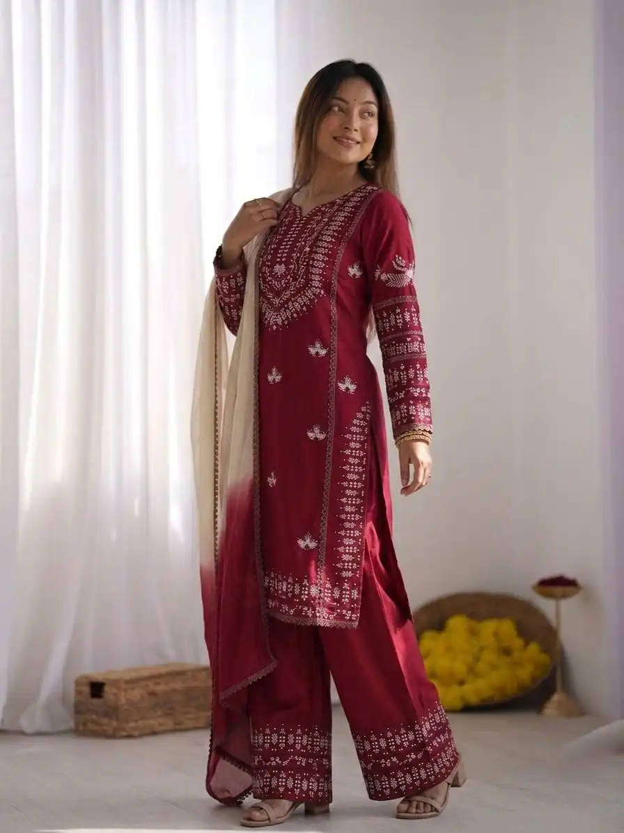 Aglow Maroon Rayon Cotton Embroidery Work Salwar Suit - Image 4