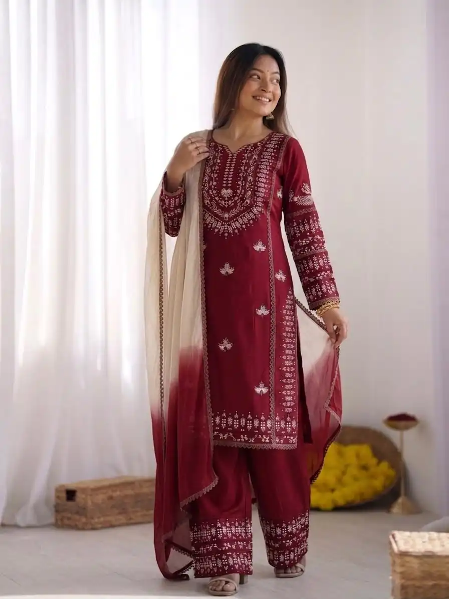 Aglow Maroon Rayon Cotton Embroidery Work Salwar Suit - Image 3