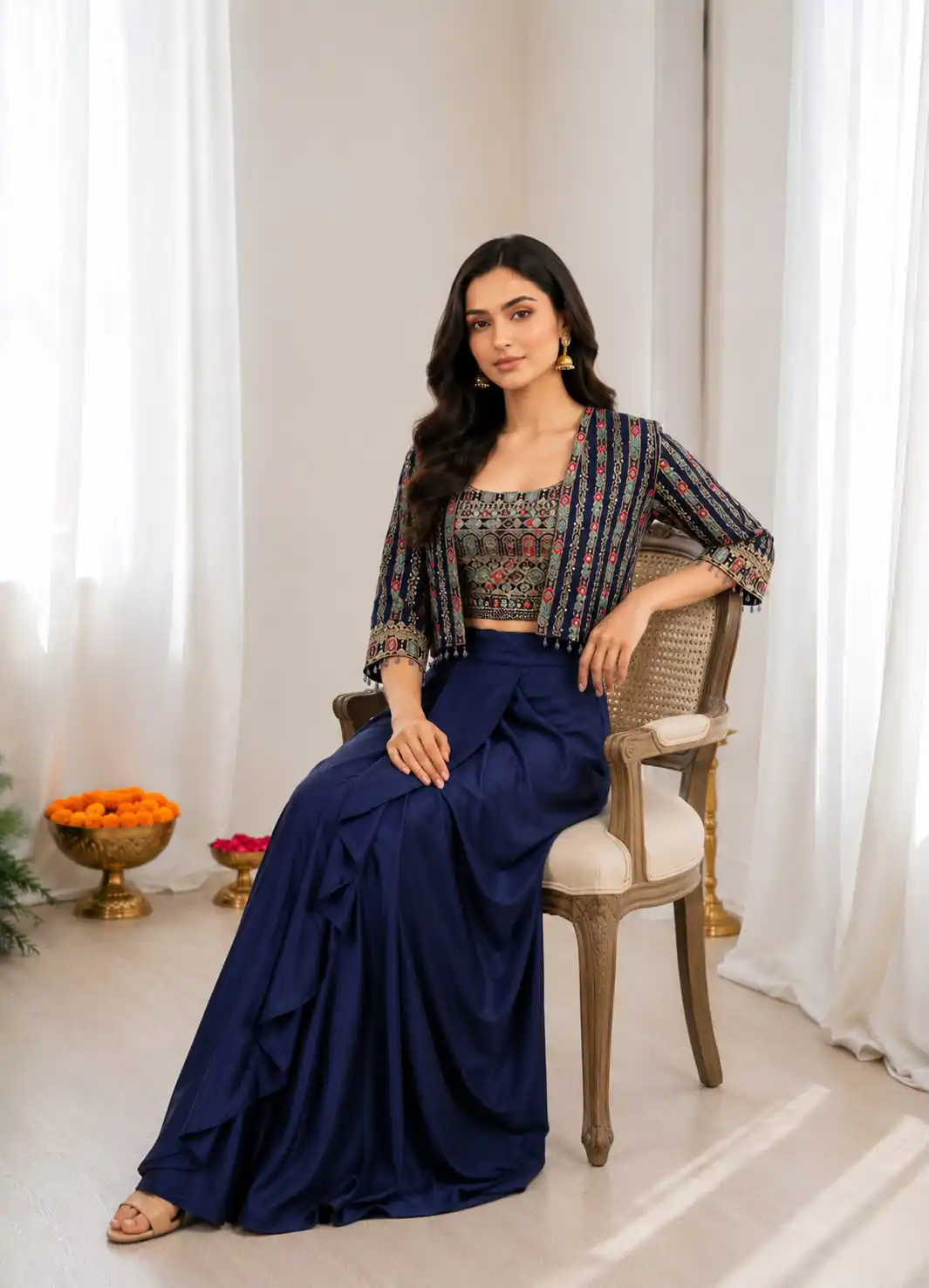 Aglow Navy Blue Chinon Silk Sequence Work Lehenga Choli - Image 2