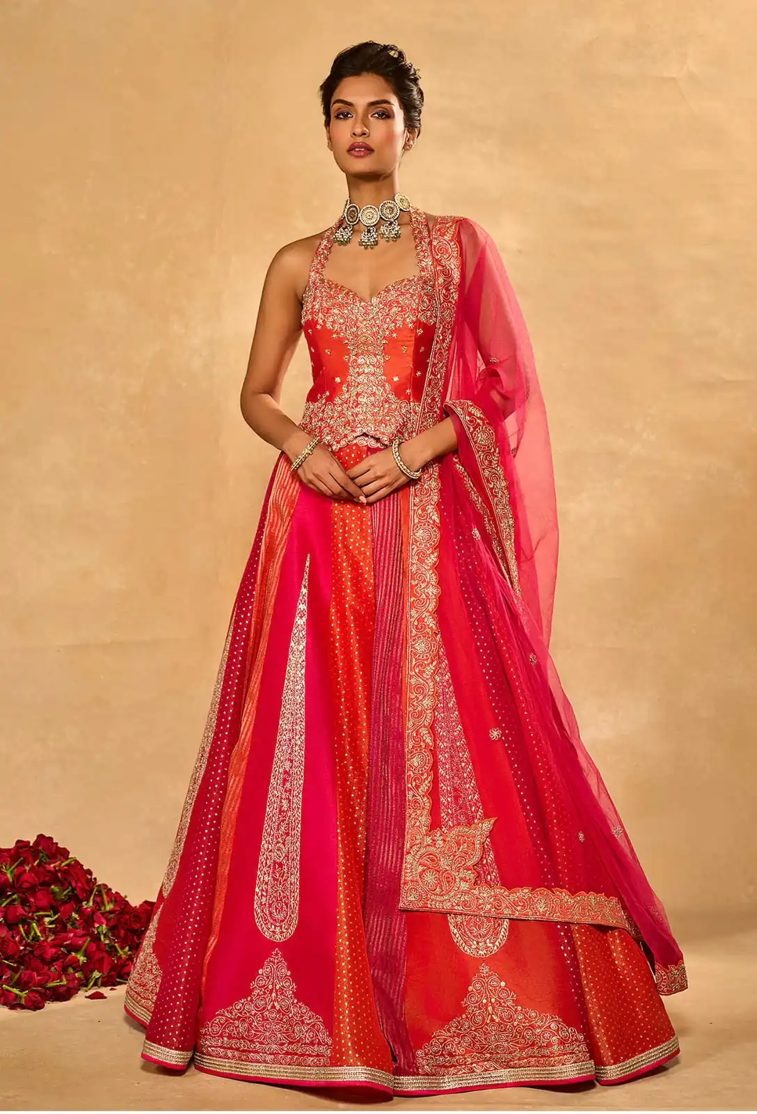 Aglow Orange Chinon Silk Multi Thread Work Lehenga Choli - Image 4