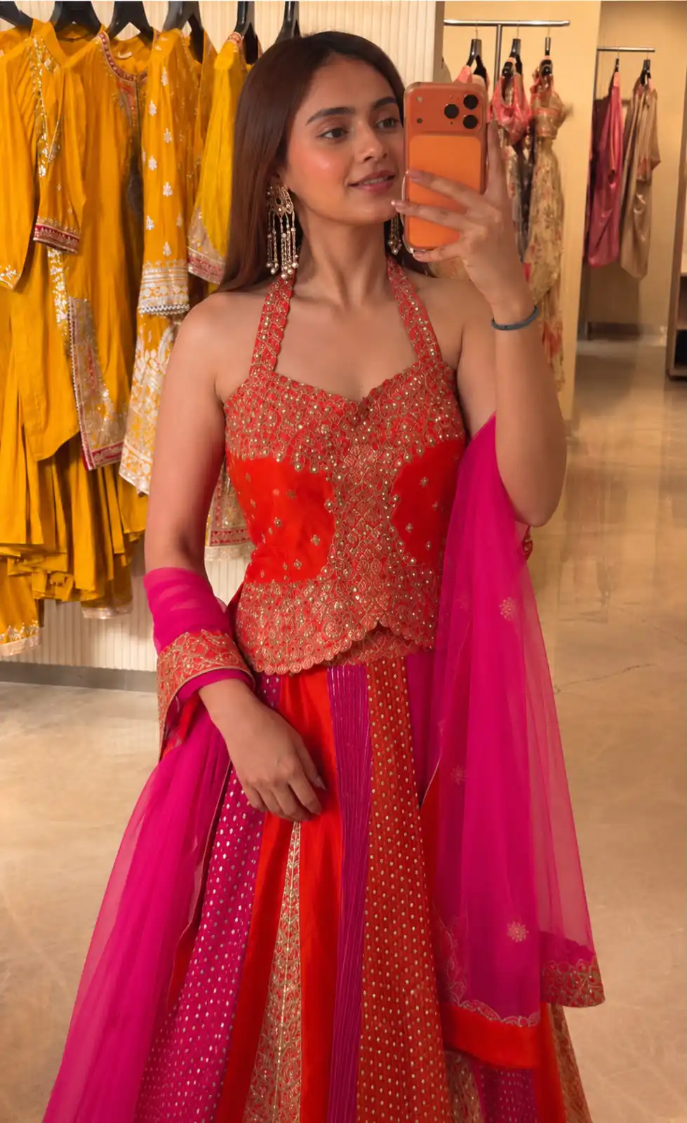 Aglow Orange Chinon Silk Multi Thread Work Lehenga Choli - Image 2