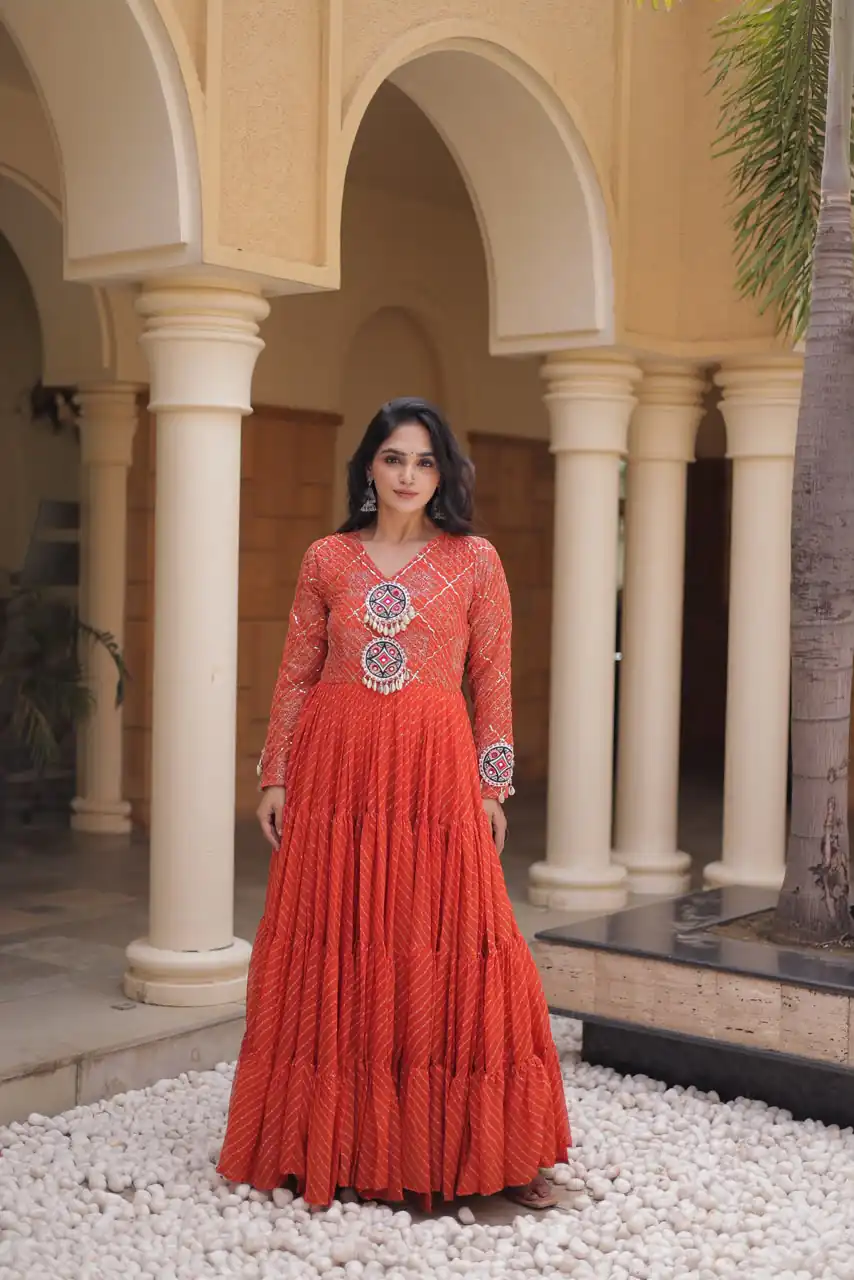 Aglow Orange Faux Georgette Patch Work Gown - Image 5