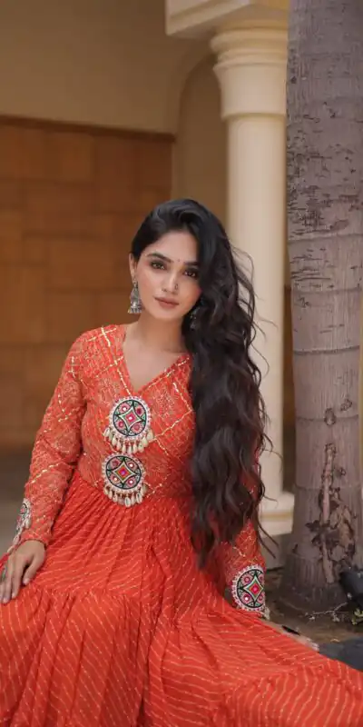 Alternative view of Aglow Orange Faux Georgette Patch Work Gown