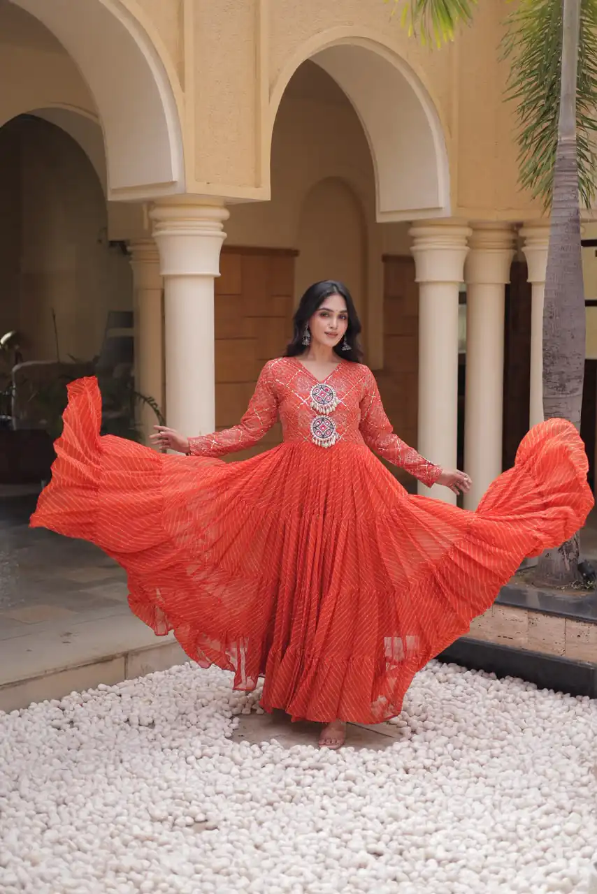 Aglow Orange Faux Georgette Patch Work Gown