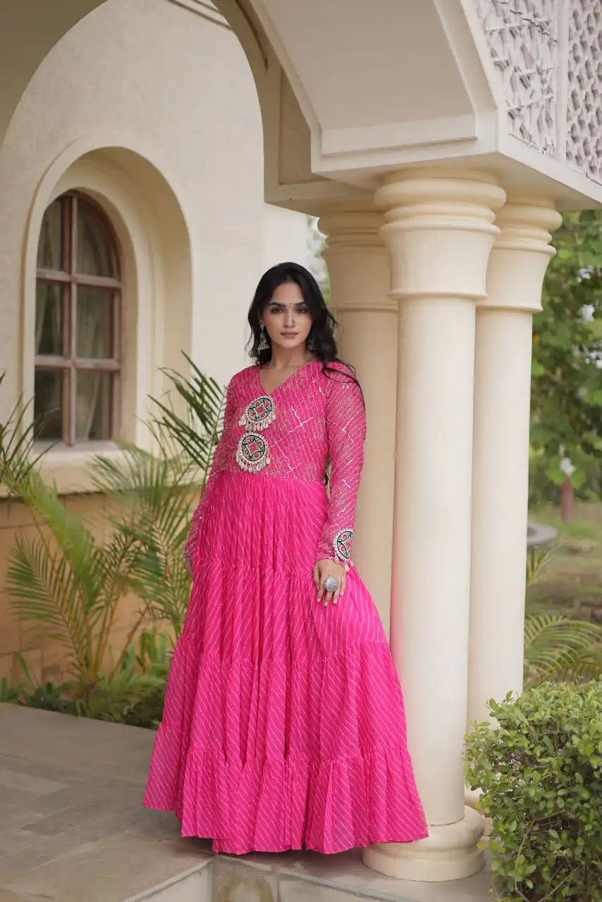 Aglow Pink Faux Georgette Patch Work Gown - Image 3