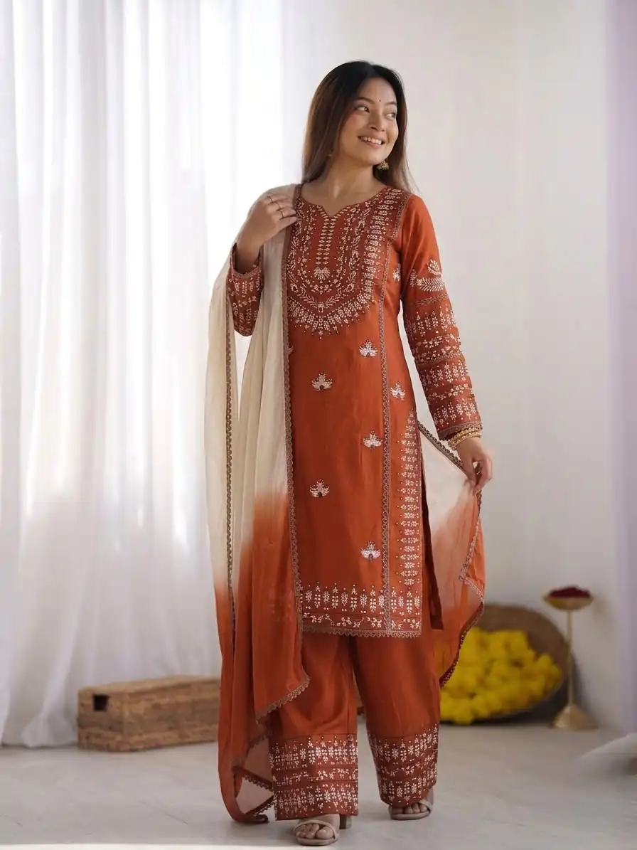 Aglow Rust Rayon Cotton Embroidery Work Salwar Suit - Image 2