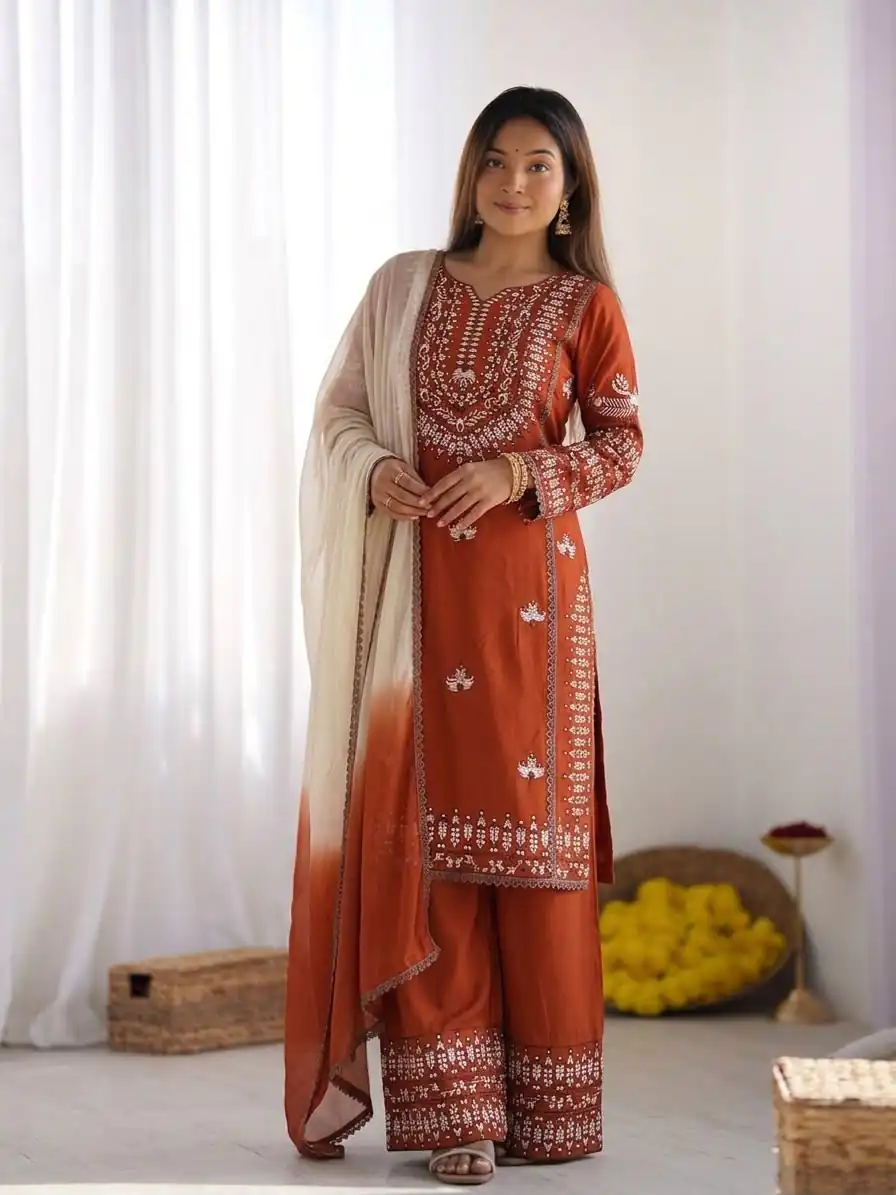 Aglow Rust Rayon Cotton Embroidery Work Salwar Suit