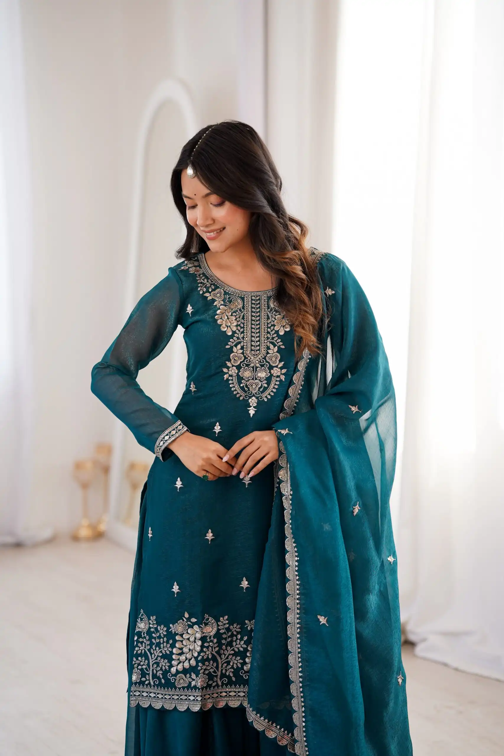 Aglow Teal Crunchy Silk Sequence Work Salwar Suit - Image 7
