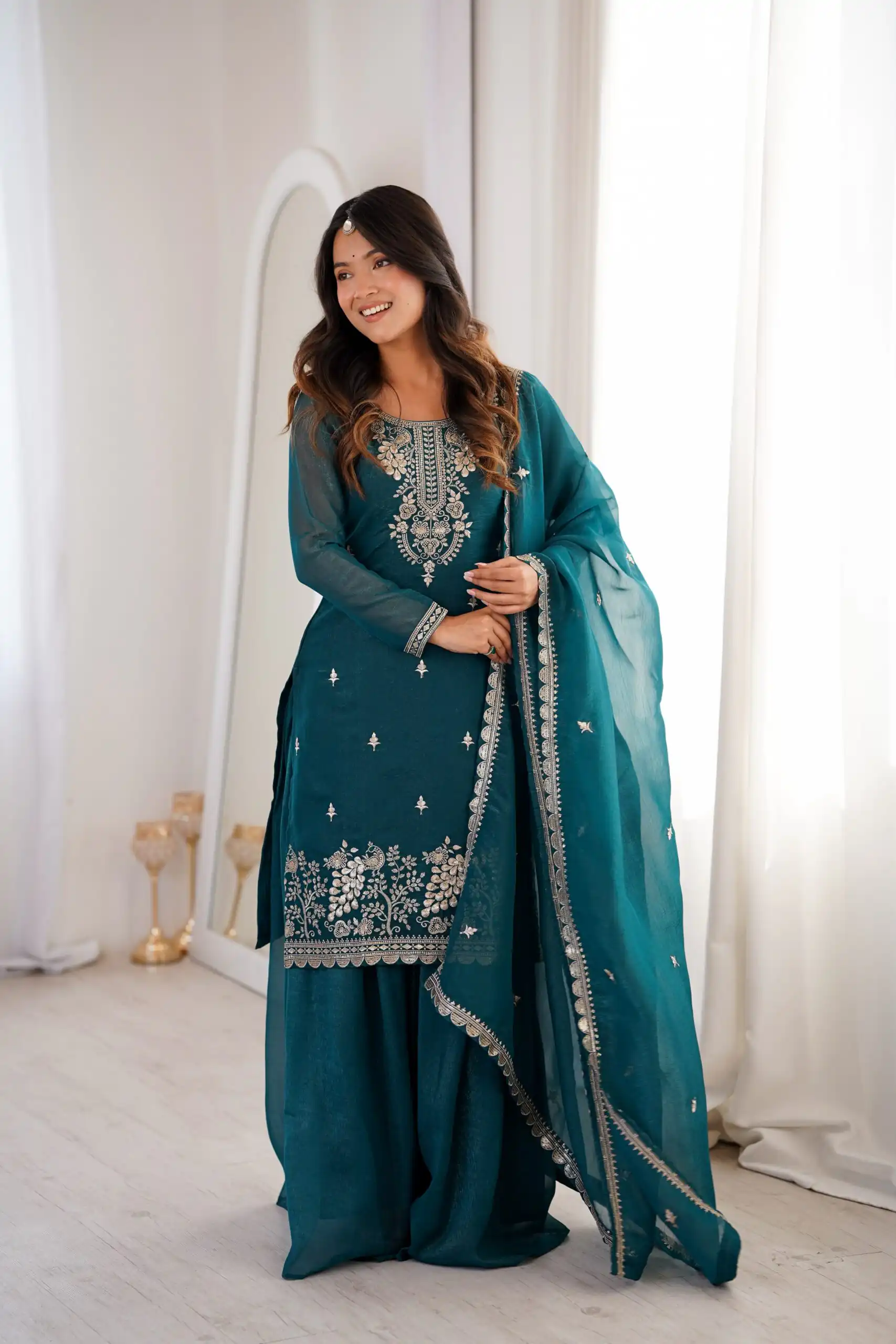 Aglow Teal Crunchy Silk Sequence Work Salwar Suit - Image 2
