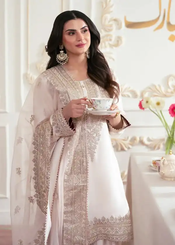 Aglow White French Crep Silk Mirror Work Salwar Suit - Image 2