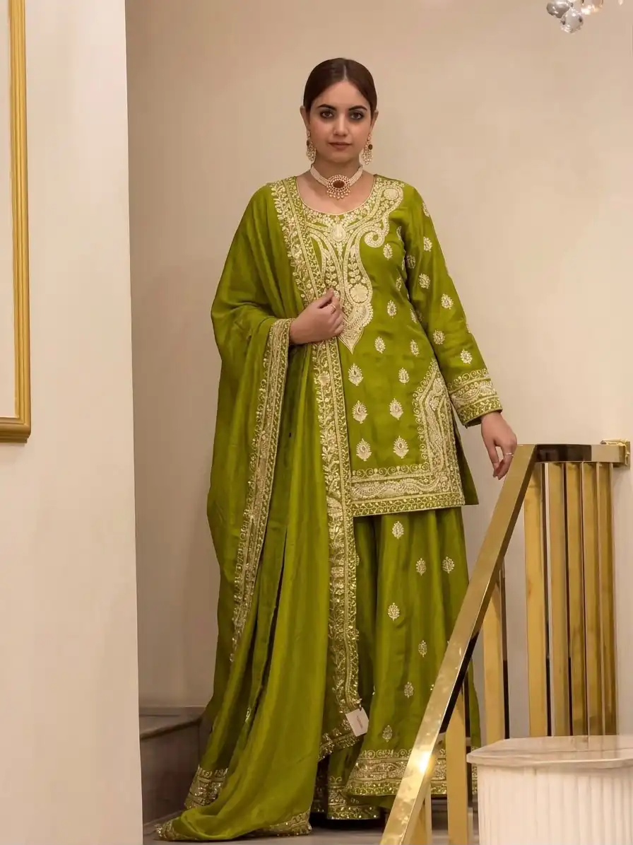 Angelic Mehendi Chinon Silk Embroider Work Salwar Suit - Image 4