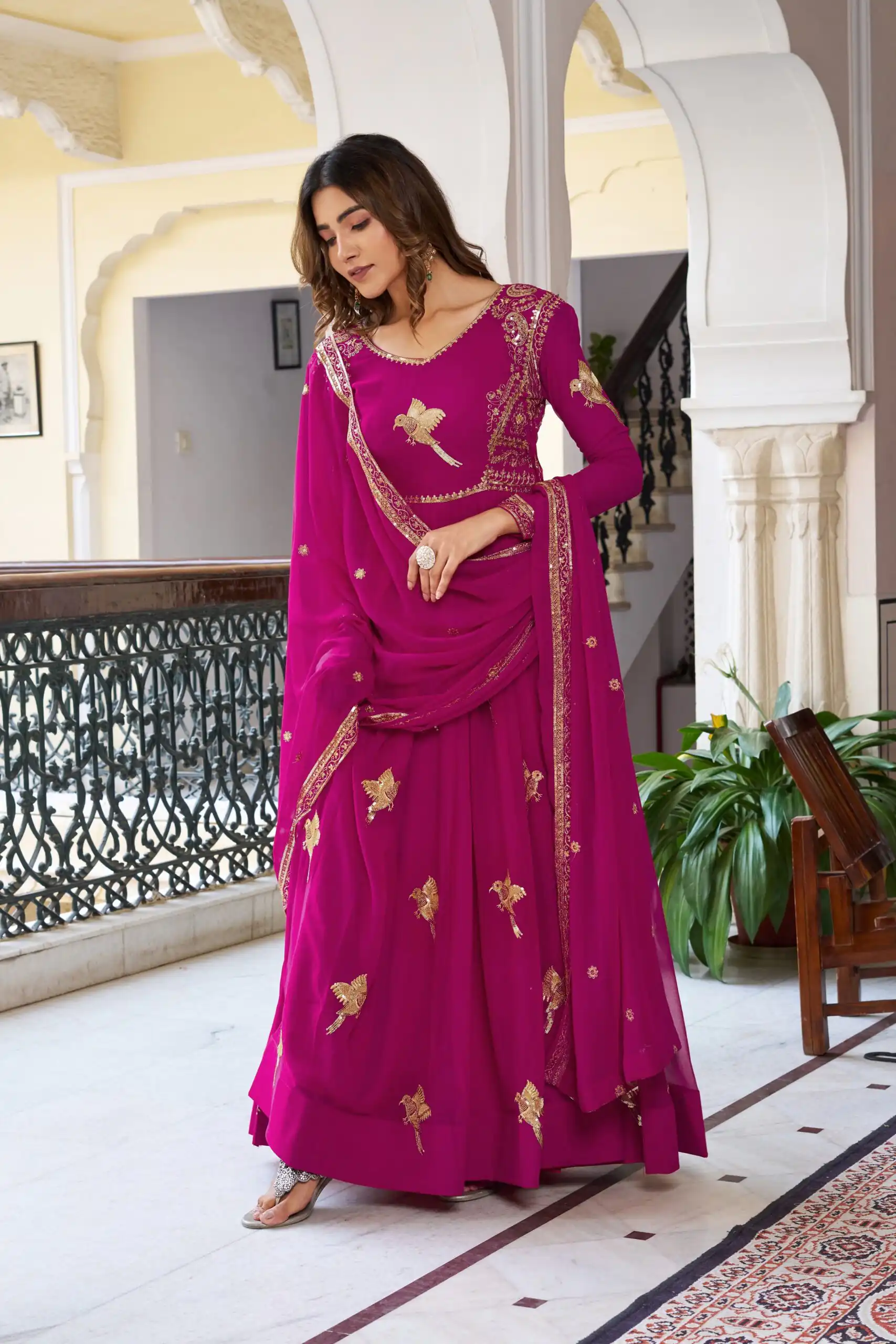 Angelic Pink Faux Georgette Thread Work Gown