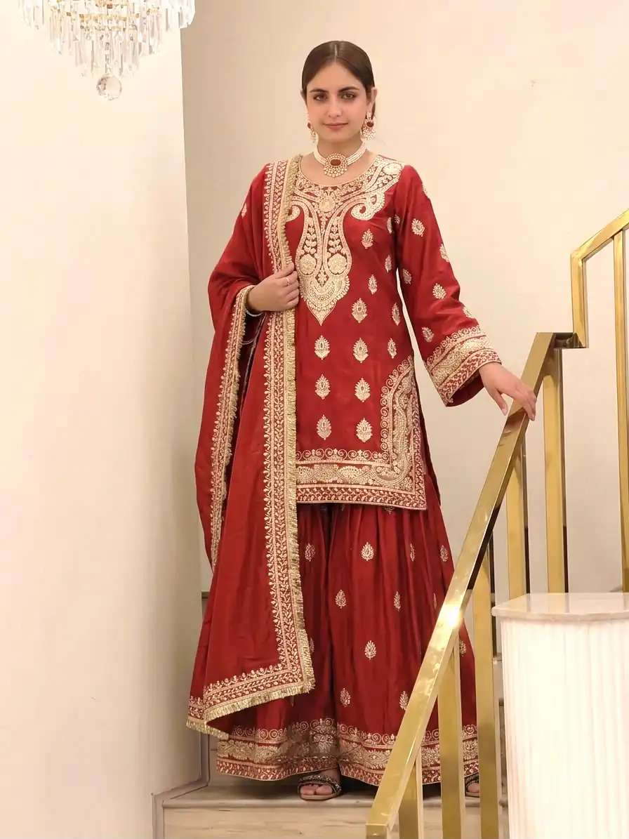 Angelic Red Chinon Silk Embroider Work Salwar Suit - Image 3