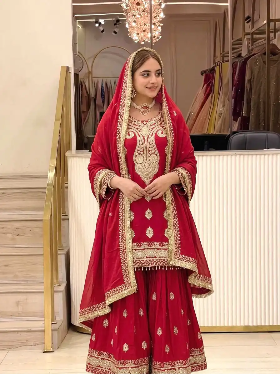 Angelic Red Chinon Silk Embroider Work Salwar Suit - Image 2