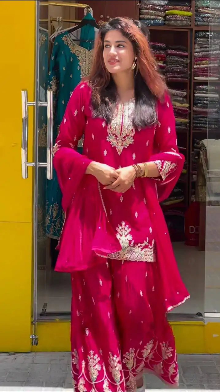 Angelic Red Chinon Silk Sequence Work Salwar Suit - Image 3