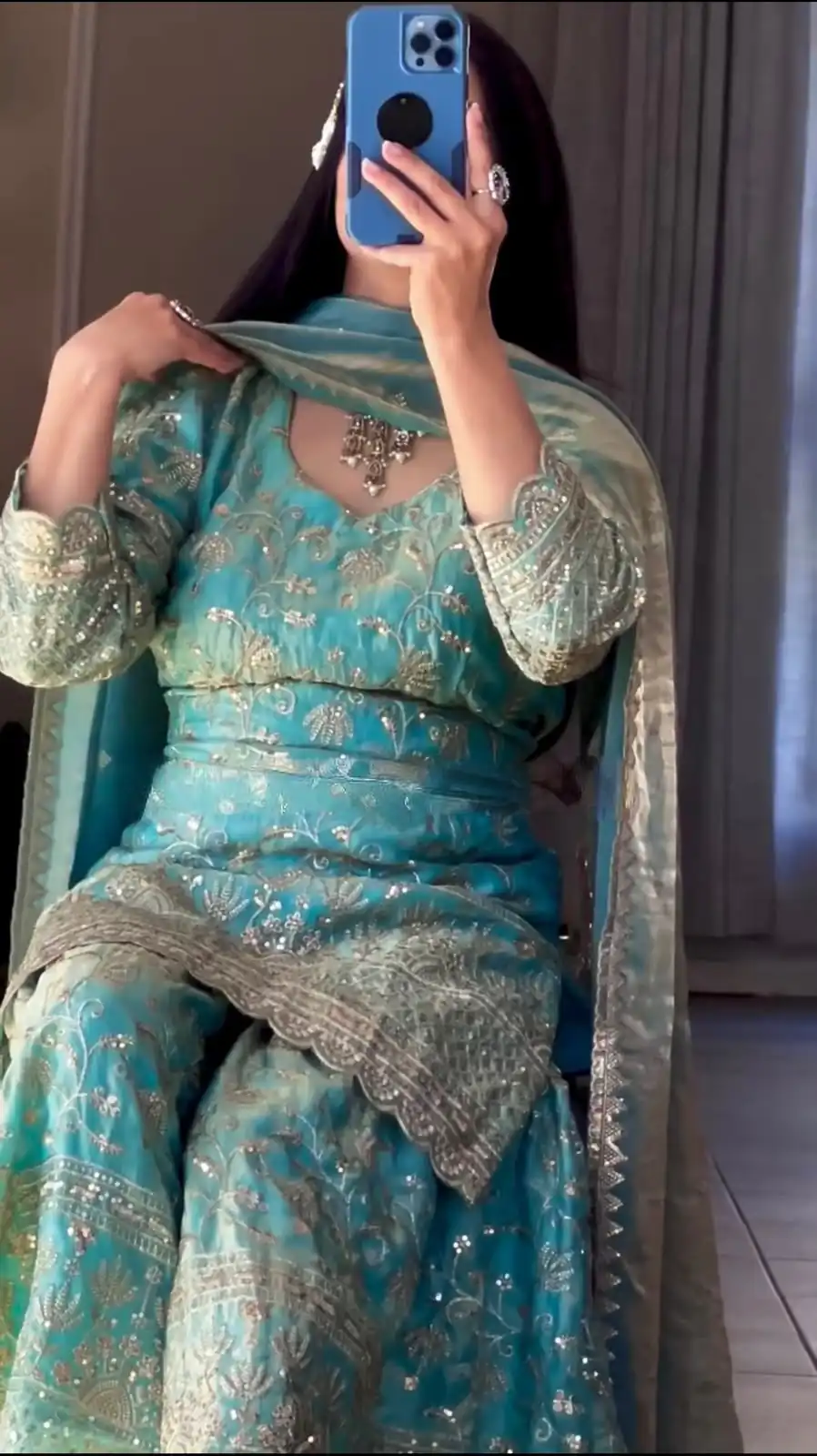 Cool Blue Fandy Crush Silk Sequins Work Salwar Suit