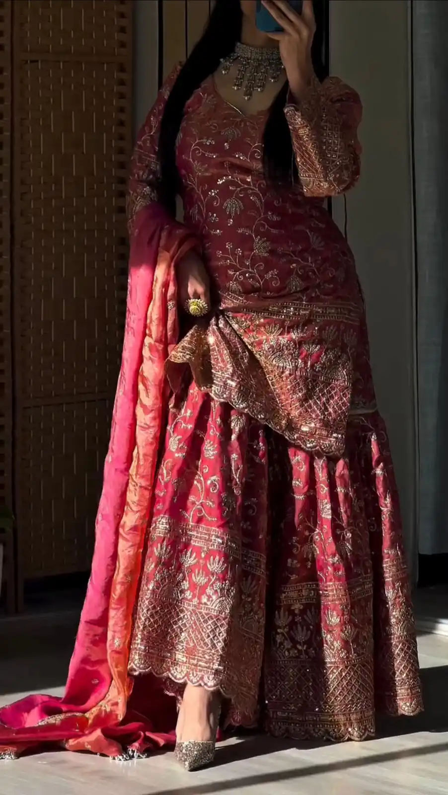 Cool Peach Fandy Crush Silk Sequins Work Salwar Suit