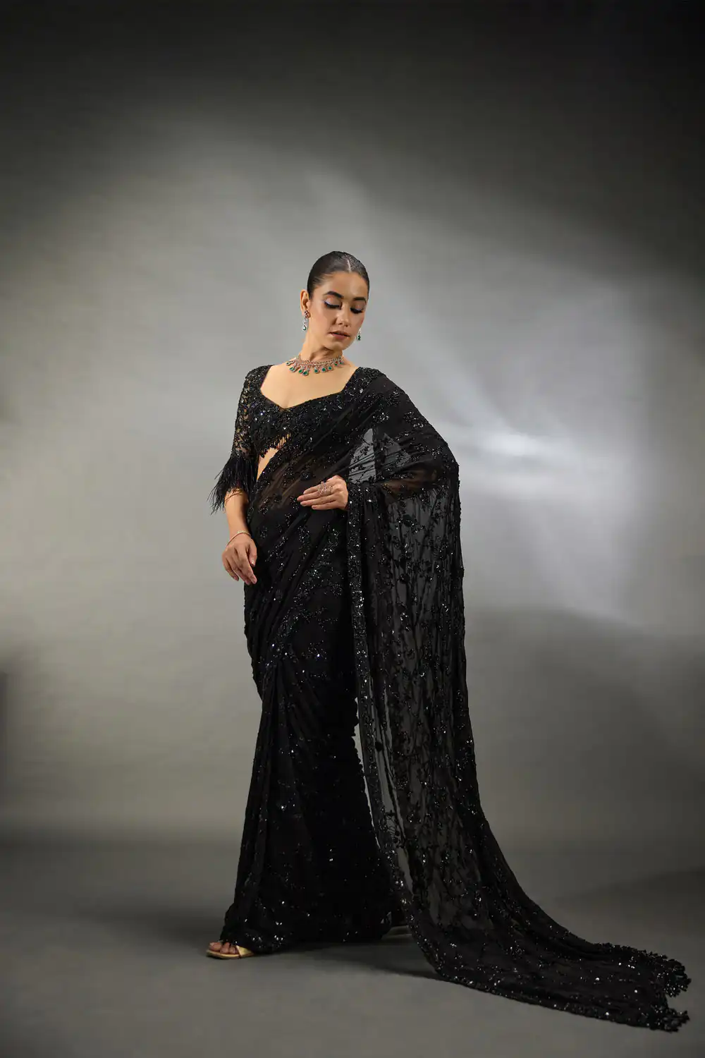 Fancy Black Faux Georgette Sequins Work Saree