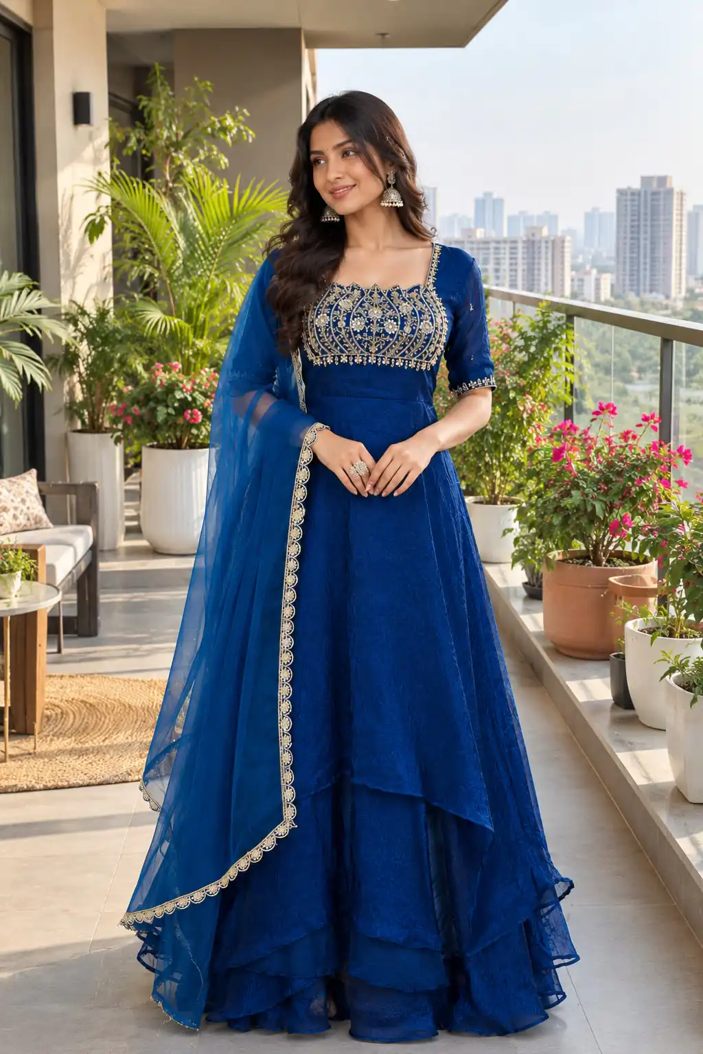 Fancy Blue Fendy Crush Beads Work Gown