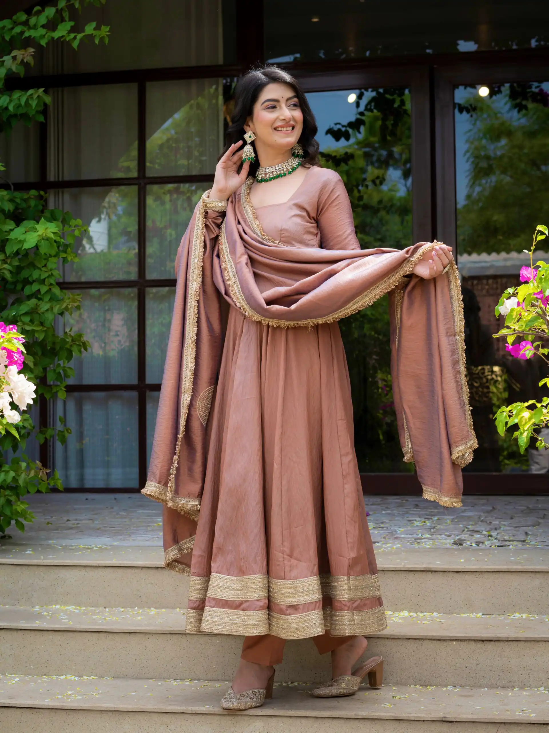 Fancy Brown Vichitra Embroidery Work Anarkali Suit - Image 5