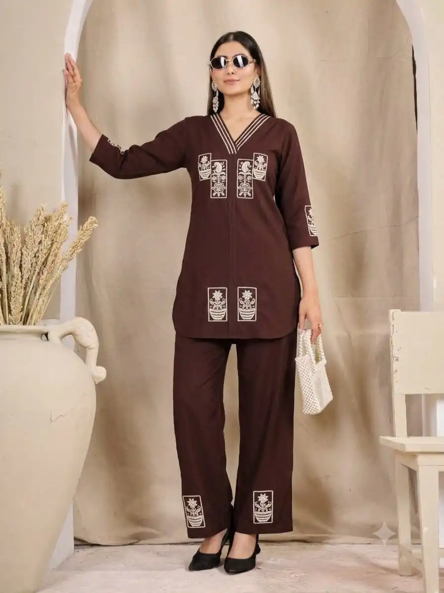 Fancy Dark Brown Rayon Thread Work Kurti