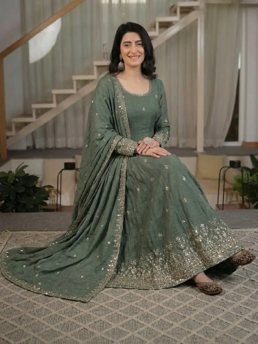 Fancy Grey Crunchy Silk Embroider Work Anarkali Suit - Image 6