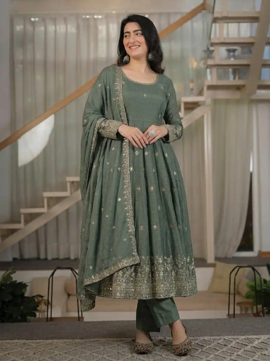 Fancy Grey Crunchy Silk Embroider Work Anarkali Suit - Image 4