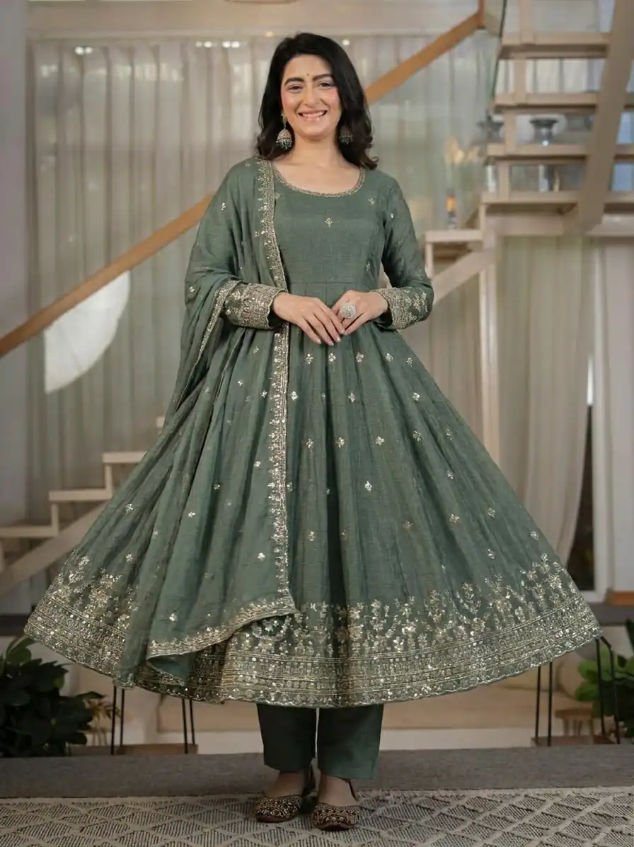 Fancy Grey Crunchy Silk Embroider Work Anarkali Suit