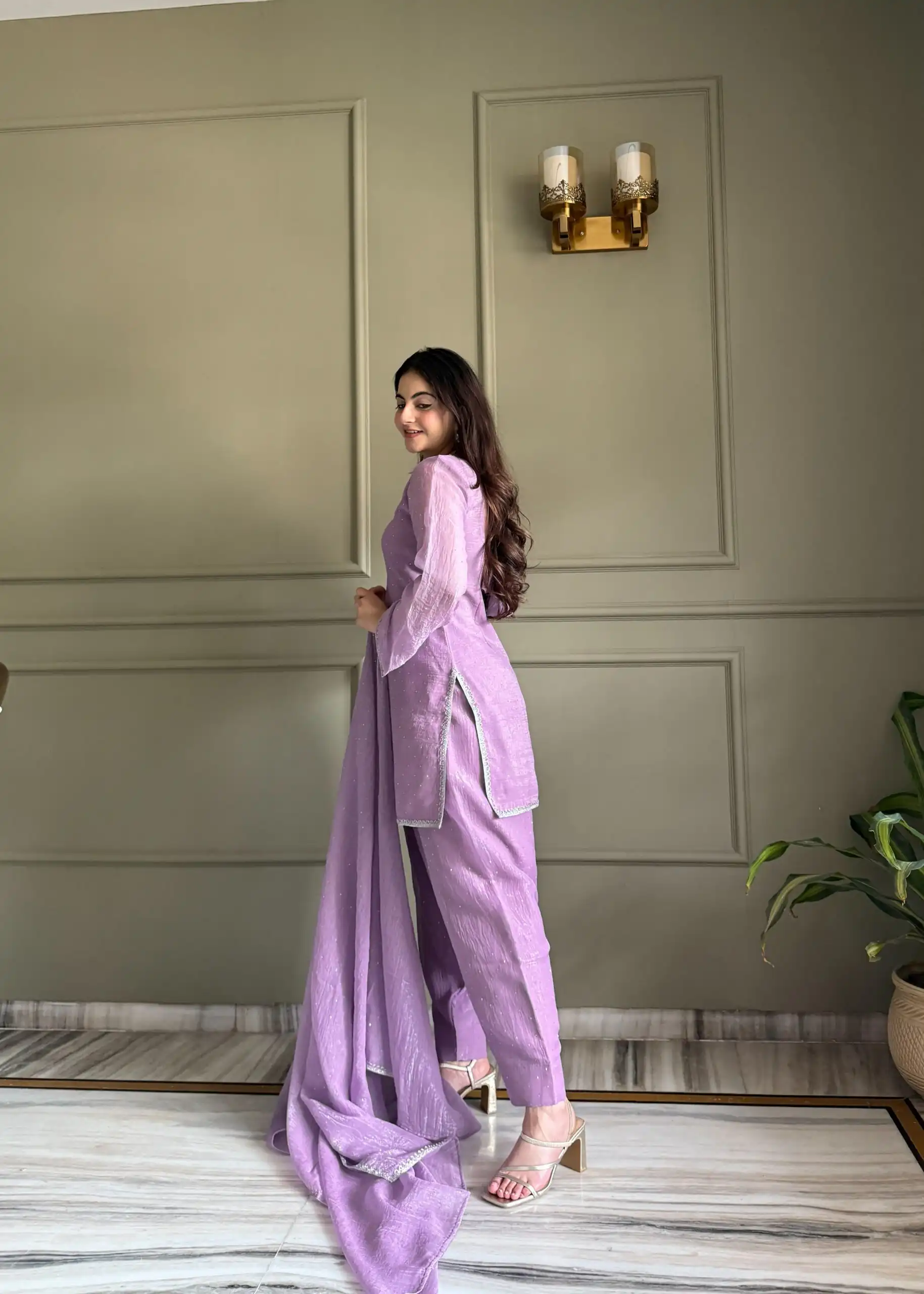 Fancy Lavender Crunchy Silk Siroski Work Salwar Suit - Image 7