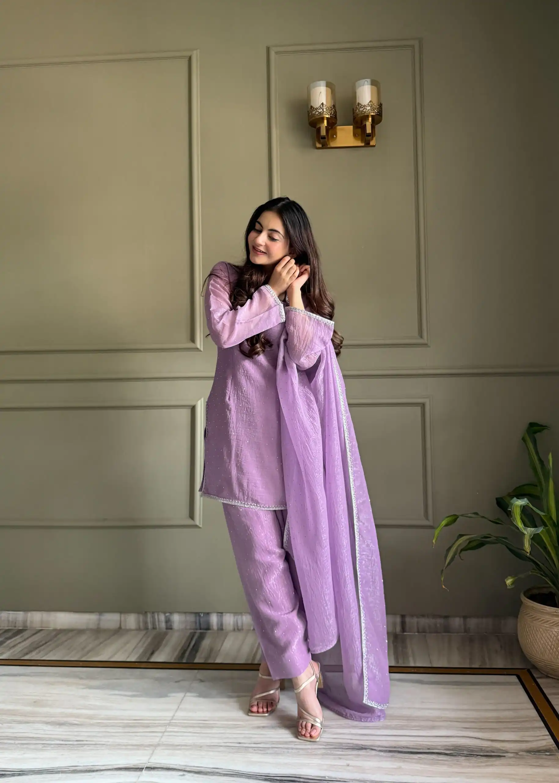Fancy Lavender Crunchy Silk Siroski Work Salwar Suit - Image 2