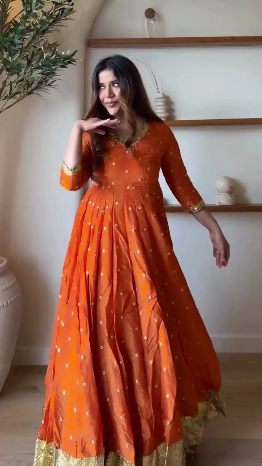 Fancy Orange Vichitra Silk Thread Work Anarkali Suit - Image 4
