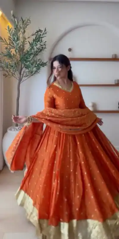 Fancy Orange Vichitra Silk Thread Work Anarkali Suit