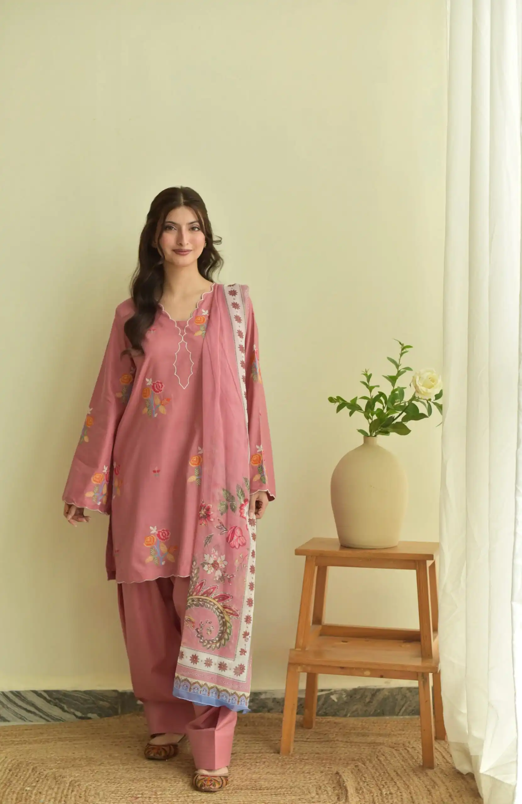 Fancy Peach Mul Chanderi Embroidery Cut Work Salwar Suit